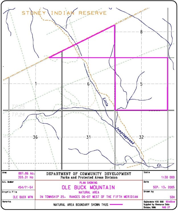 Ole Buck Mountain Site Map. Note, the small triangular area in the far northwest has protective notation, not Order in Council protection. (Government of Alberta)