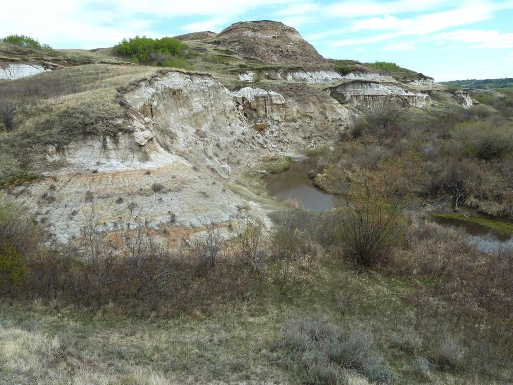 Creek and badland slopes as seen in early spring, Paintearth Coulee Natural Area, 2016-04-29 (Jiri Novak)