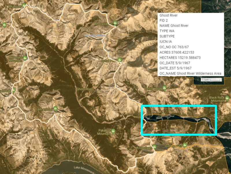 Screen capture from the SAPAA-Google Map of Ghost River Wilderness Area and the undesignated corridor along the Ghost River.
