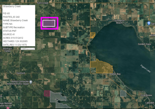 Screen capture from the SAPAA-Google Map of Strawberry Creek (PNT) Natural Area (red square).