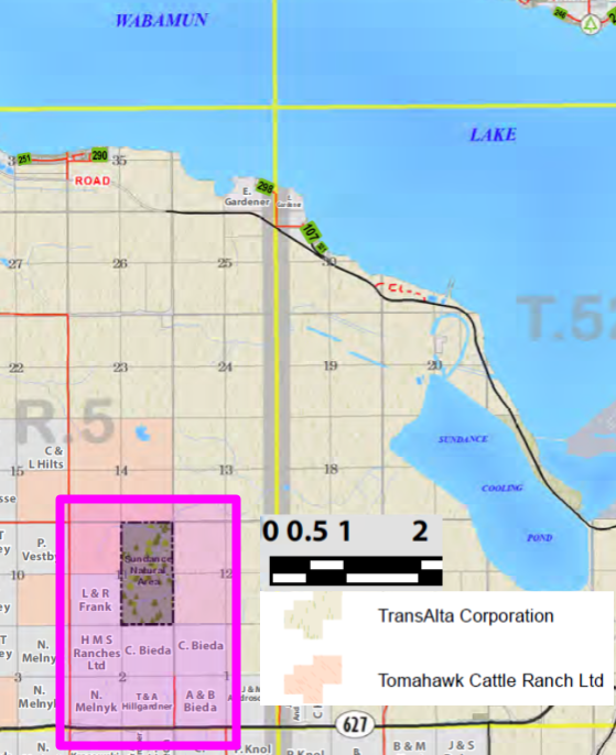 Sundance Natural Area (red square) and surrounding landownership. Image courtesy of Parkland County, Land Ownership Map.