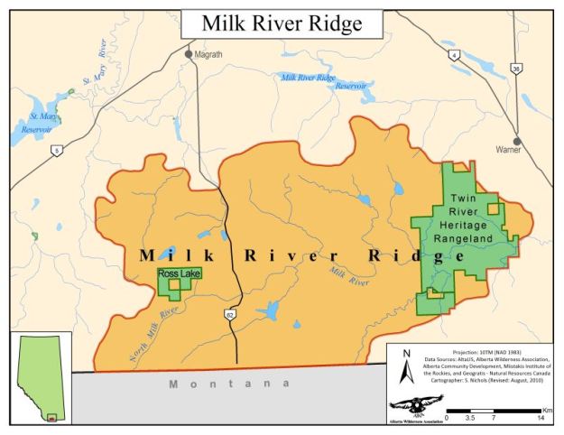 AWA’s Milk River Ridge Ares of Concern Map; Alberta Wilderness Association.