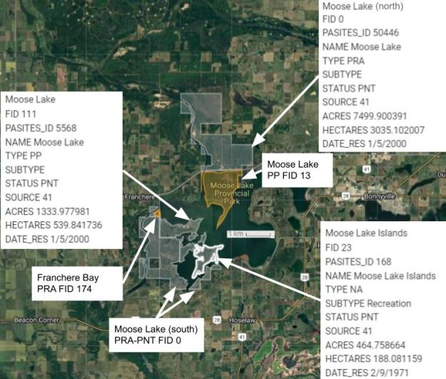 Screen capture from the SAPAA-Google Map of Moose Lake Islands (PNT) NA, Moose Lake PP, PRA-PNT, PP-PNT and Franchere Bay PRA sites.