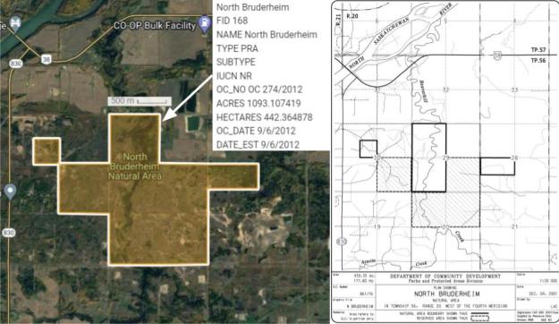 Screen capture from the SAPAA-Google Map of North Bruderheim PRA as well as the former Site Map (Government of Alberta)