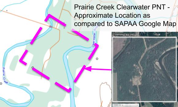 Topographical map of Prairie Creek Clearwater Natural Area. Image courtesy of https://atlas.gc.ca/toporama.