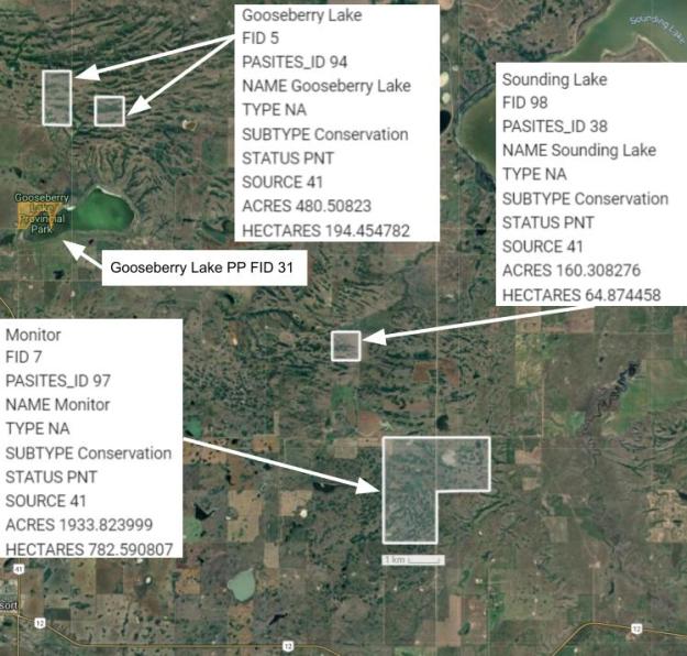 Screen capture from the SAPAA-Google Map of the Gooseberry Lake, Monitor, and Sounding Lake, (PNTs) Natural Areas.