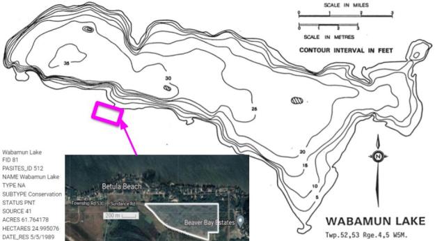 Bathymetric map for Wabamun Lake; courtesy of and adapted from wabamunmarina.ca.