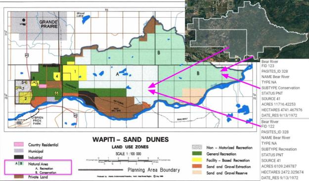 Wapiti Sand Dunes, Land Use Zones, 1998; Government of Alberta, p. 15; overlay with SAPAA's Google Map.