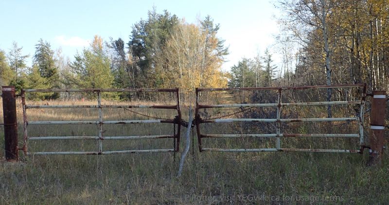 Access gate to county land which runs east west and divides the Nestow NA., P. Potter, 2023-10-08.