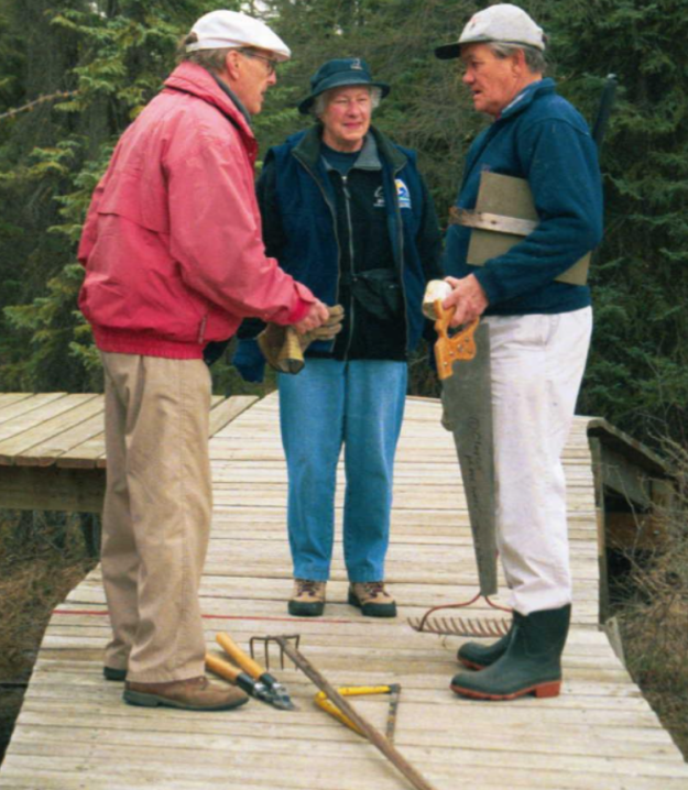 Irl Miller, Pat and Dick consulting on the Wagner Marl Pond Trail boardwalk. Date not recorded. Photo: P. Cotterill