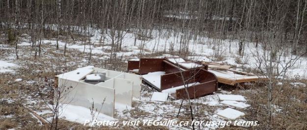 First of many instances of garbage dumping in Redwater River Natural Area, 2024-03-29, P. Potter.