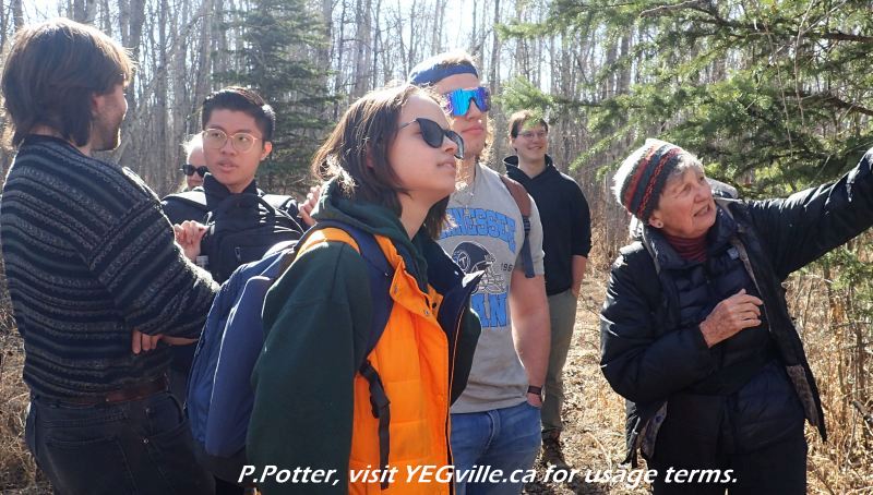 Patsy explaining a bit of botany, Crippsdale Natural Area, 2024-04-14, P. Potter.