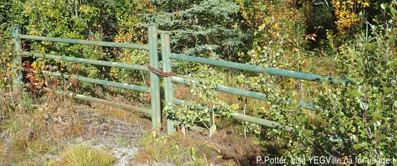 Disused access gate to the salient portion of the NA, 2024-09-23, Bragg Creek NA, P. Potter.