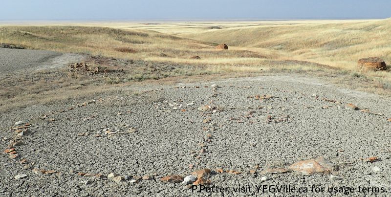 Looking West along the axis of a medicine wheel, Red Rock Coulee NA, 2024-10-16, P. Potter.