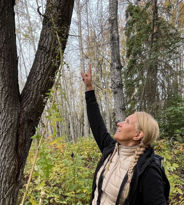 Manna demonstrates the height of 'tall lettuce' in the site, Tawatinaw NA, 2024-10-07, P. Cotterill.