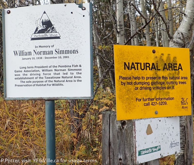 Three signs in the NE corner corner of the West-parcel of the NA, Tawatinaw NA, 2024-10-07, P. Potter.