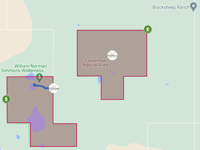Phrank's route map (blue) and possible access points (green hikers).
