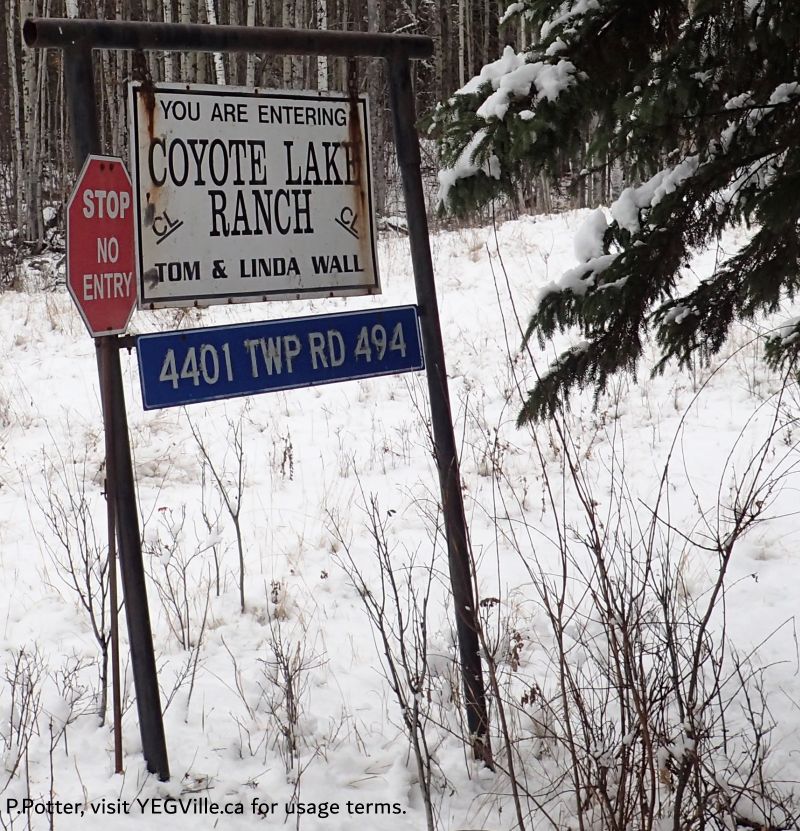 Sign greeting travellers on TWP 494, permission is suggested by contacting the ranch in advance, Coyote Lk North-OC, 2024-11-06, P. Potter.
