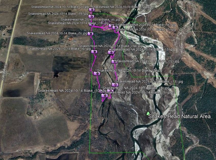 Route map and photos, Snakes Head PNT, 2024-10-14, T. Blake.