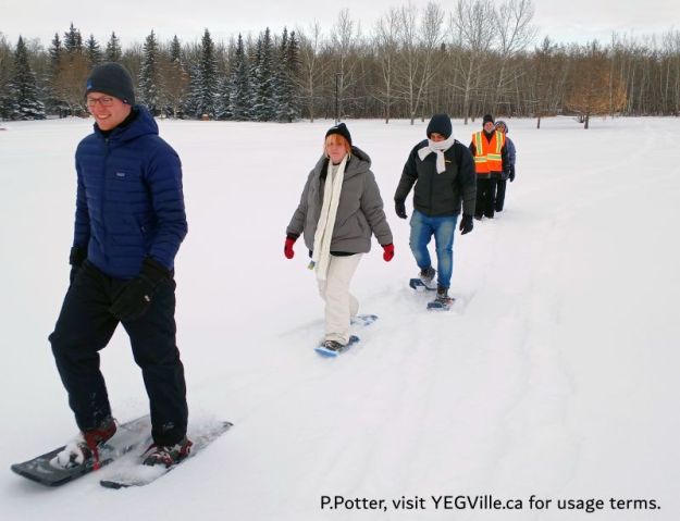 Tyler, Brenna, and Osama (followed by George and Mary) make their way across a snowy field, 2024-12-19, Riverlot 56, P. Potter