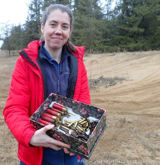 CBC Reporter, Madeline Cummings early Christmas Present, a box of spent shell casings, 2024-11-15, Redwater River NA (CBC Story), P. Potter.