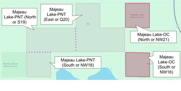 Majeau Lake Parcels, NWxx refer to the land titles quarter sections.